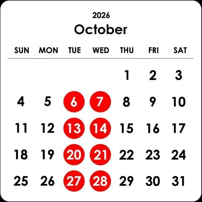 カレンダー 2026年10月